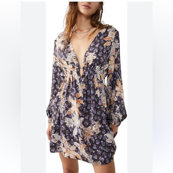 NWT Free People Soli Mini Night Combo Silk Dress Long Sleeve Short Print Size Sm - Picture 1 of 6